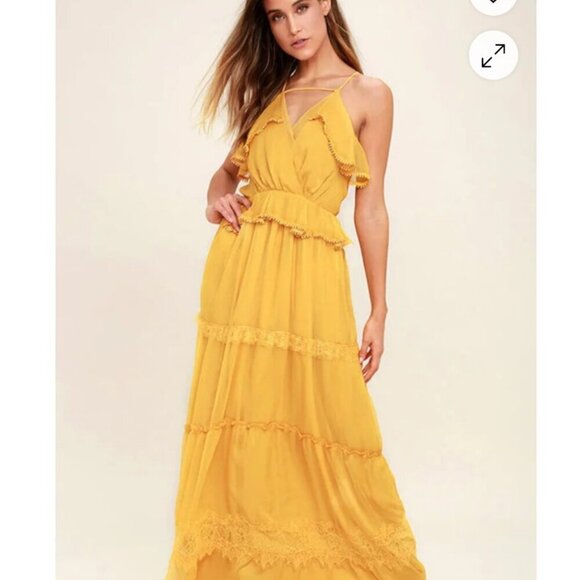 Adelyn Rae I Know Your Secret Golden Yellow Lace Tiered Maxi Dress, Size Medium - Picture 1 of 16